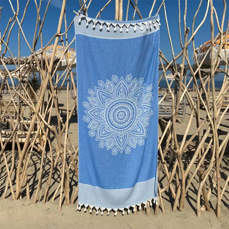 Blå hamamhandduk Boho med invävt mönster 200x95 cm