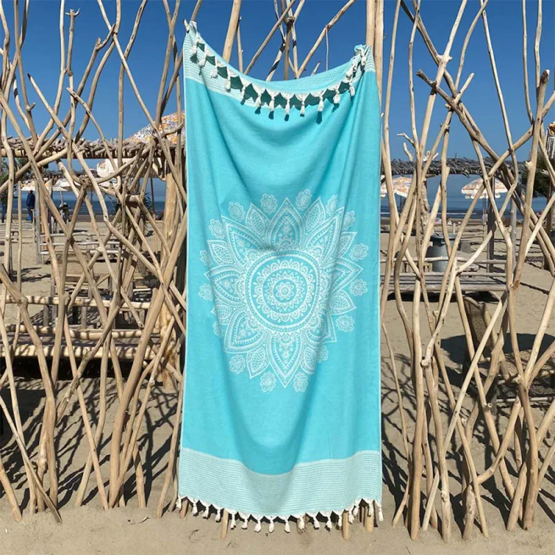 Turkos hamamhandduk Boho med invävt mönster 200x95 cm